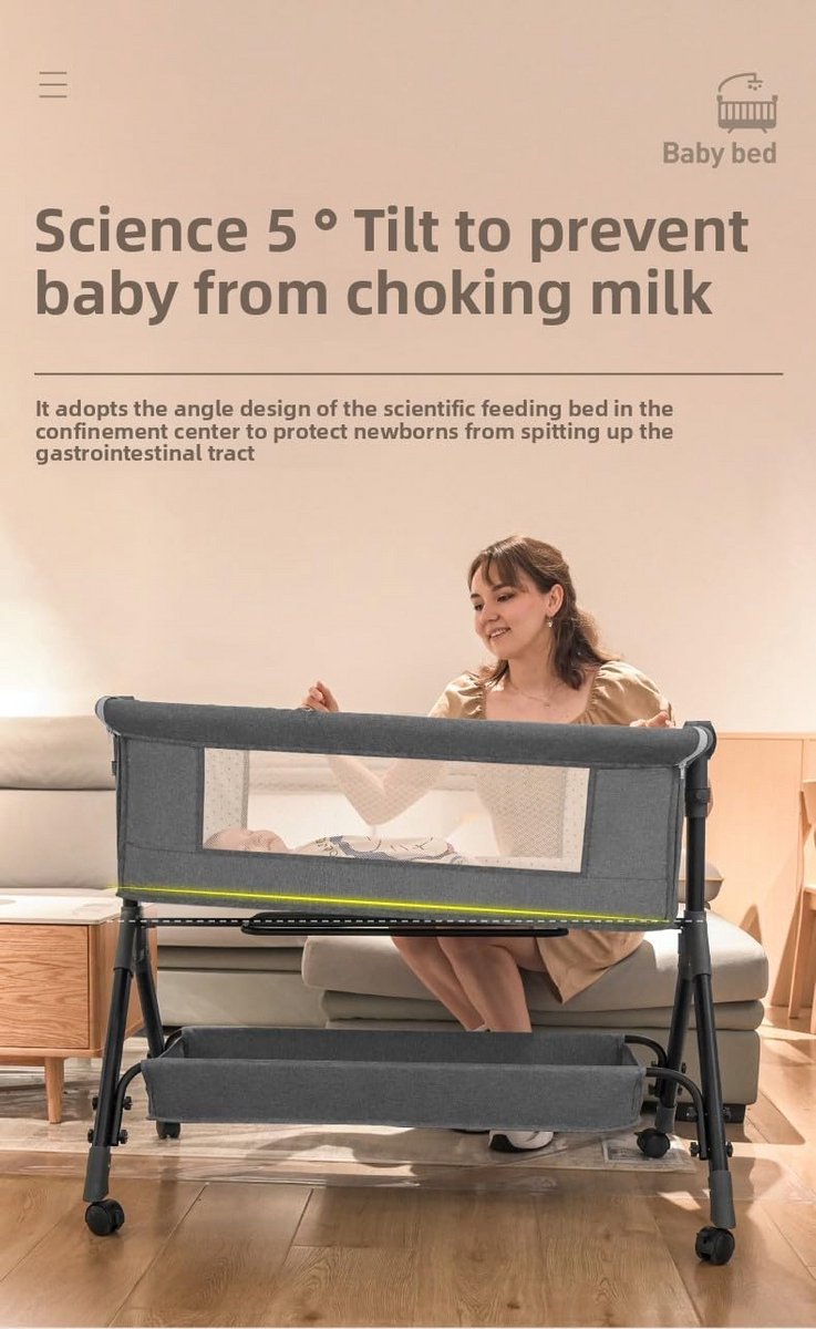 Opvouwbare Co-Sleeper Wieg met Verstelbare Hoogte en Schuine Stand thumbnail 5