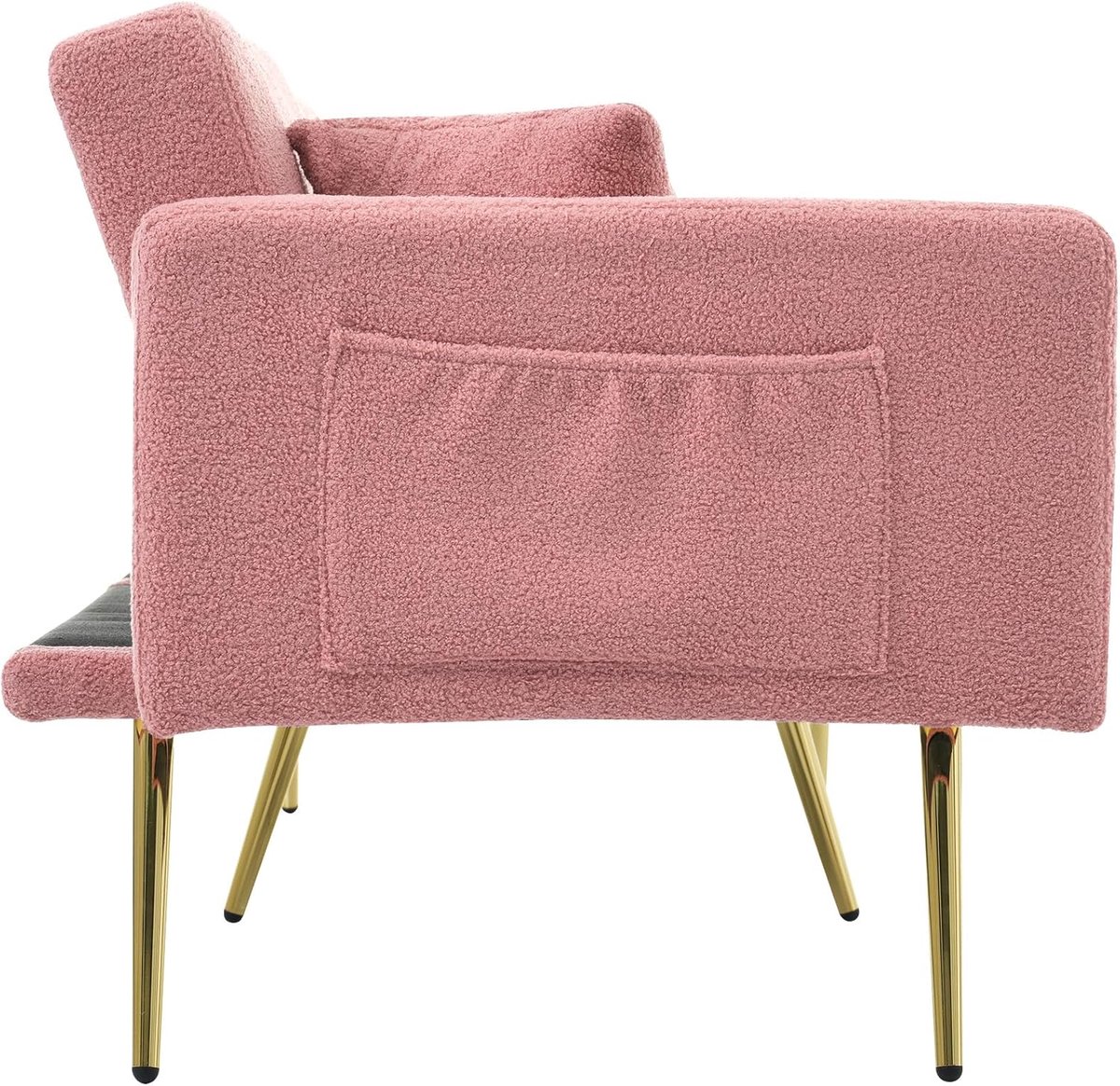 Slaapbank met Bedfunctie 175x64x72 cm – Verstelbare Rugleuning 105°-180° – 2-Zits Bankbed met Opbergvakken & Gouden Poten – Sherpa Stof roze– NoviHome
