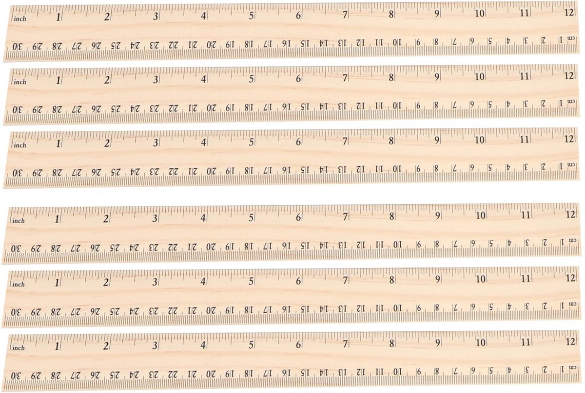 Set van 6 Houten Linialen 30cm - Beide Zijden Metrisch en Inch Met Omrekentabel