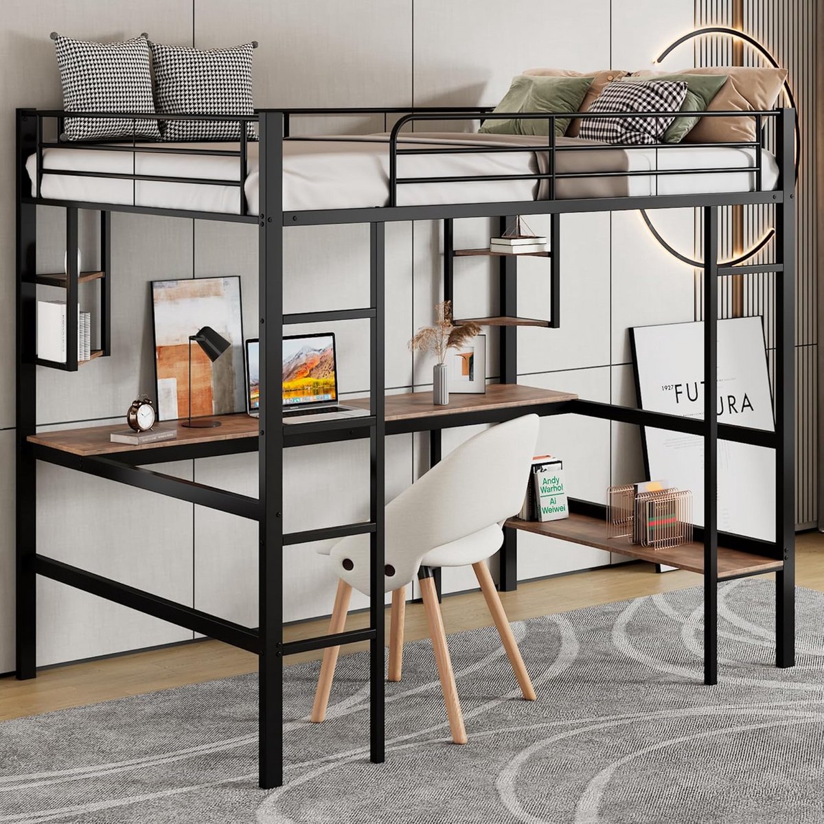 Hoogslaper met Bureau en Boekenkast Zwart - 90x200 cm - Stevig Metalen Bedframe
