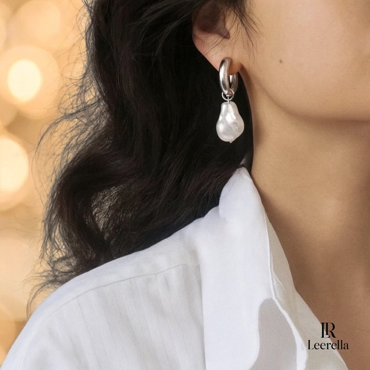 Leerella Zilverkleurige Oorbellen met Baroque Parel – Hoop Oorbellen RVS met Hangende Irrégulière Parel – Elegante Drop Hoop Earrings voor Dagelijks & Feestelijk Gebruik