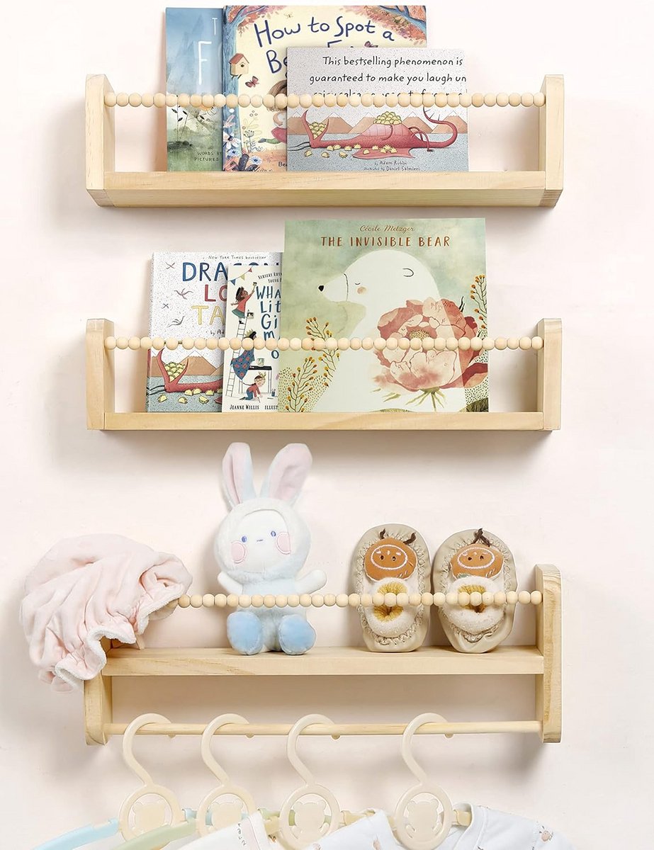 Set van 3 Drijvende Wandplanken voor Kinderkamer - Houten Boekenkast met Handdoekstang - N