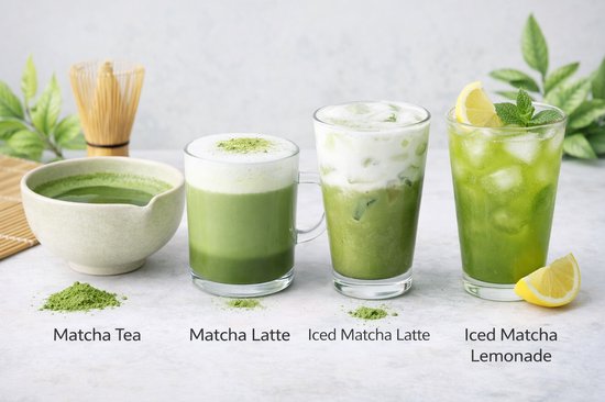 Matcha thee, matcha latte, iced matcha latte en iced matcha lemonade in glazen.