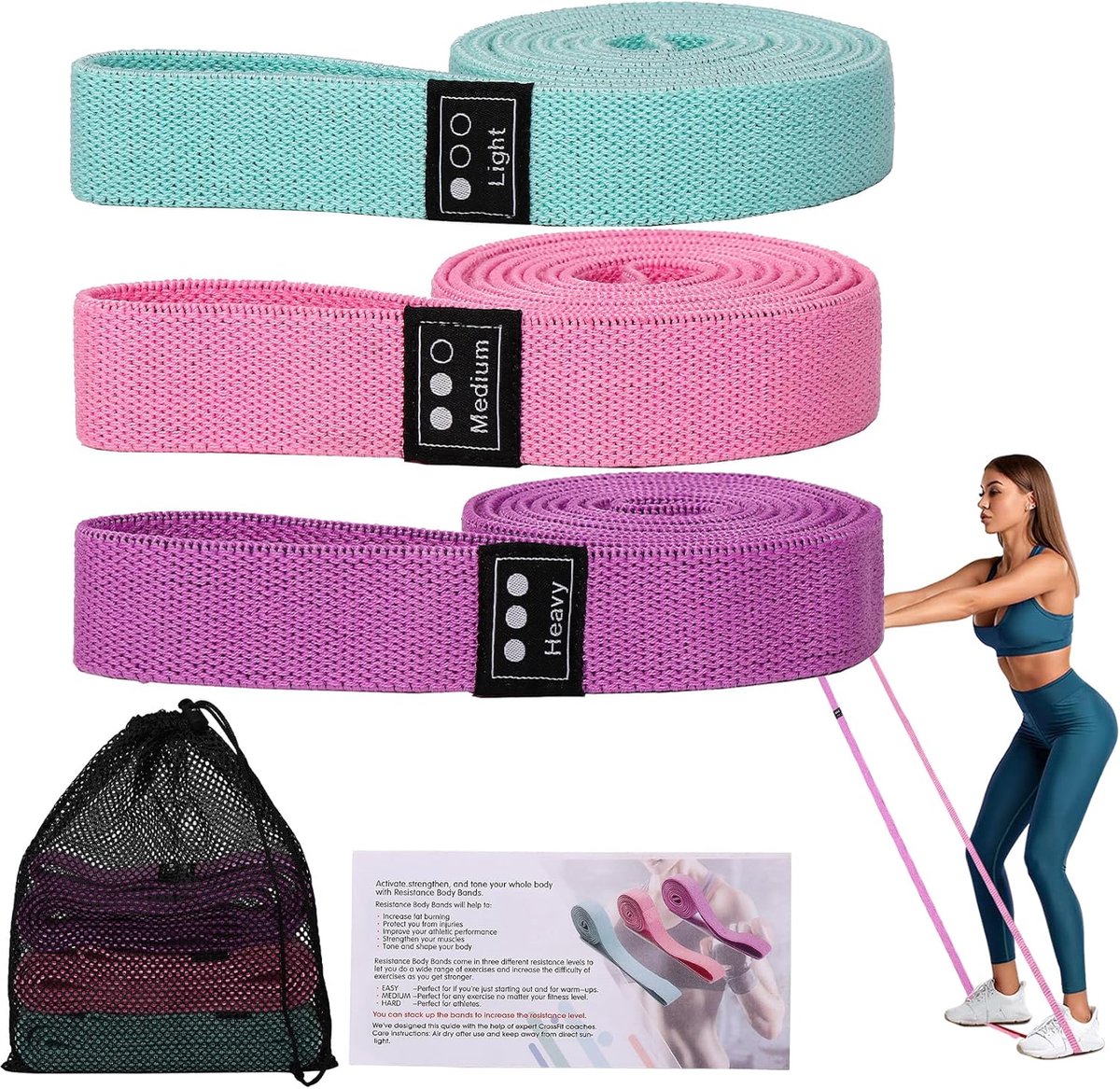 Set van 3 Lange Fitnessbanden – 3 Weerstandsniveaus – Voor Vrouwen & Mannen – Krachttraining, Yoga, Pilates & Fitness