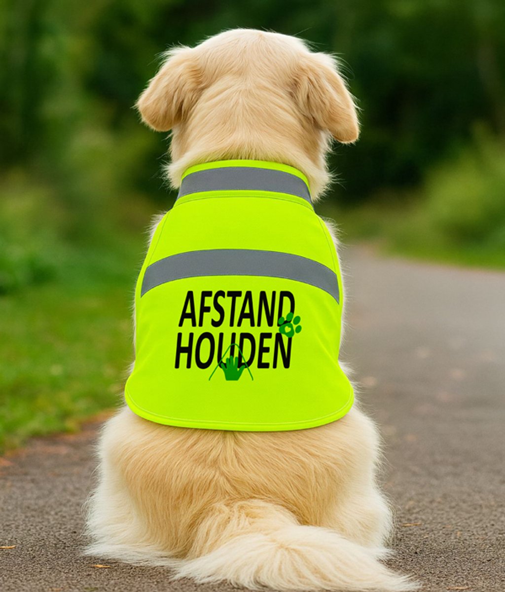 Geel honden hesje - Afstand houden (hand) - met reflectie - Small - De gele hond, voor signalering en veiligheid.