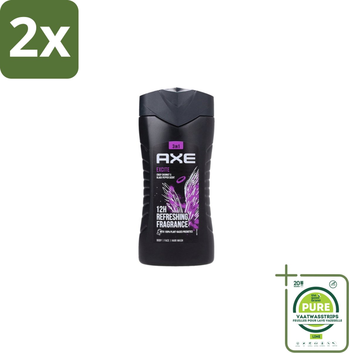 Axe – Douchegel – Excite - 250 ml - Voordeelverpakking - 2 stuks - Douchegel - Zwarte peper