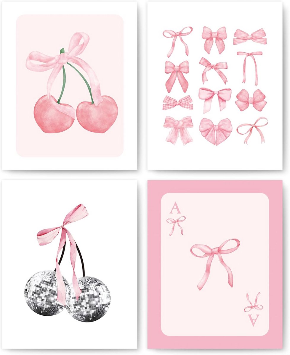 Set van 4 Roze Strik Woondecoratie Prints - Trendy Esthetische Muurkunst voor Meisjeskamer
