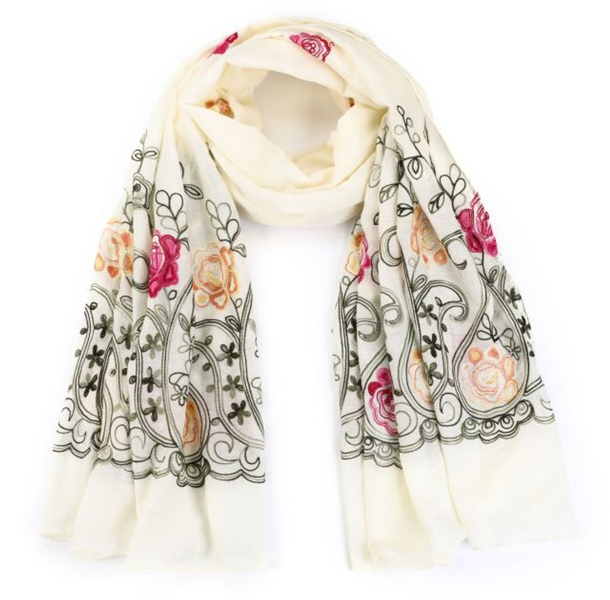 Michelle Fashion - Geborduurde sjaal - rijkelijk geborduurd - veelkleurig - beige