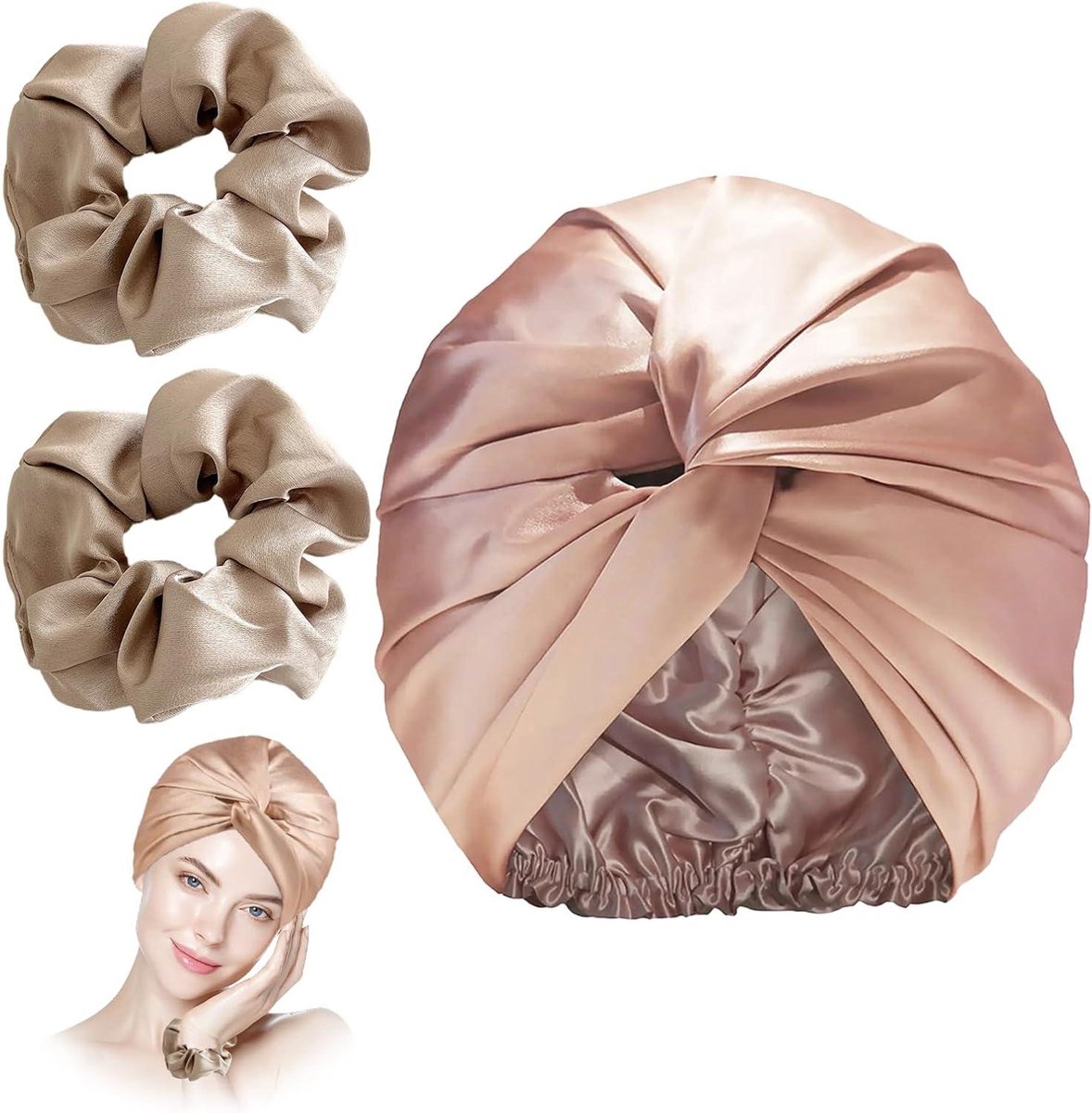 Slaapbont met twee haarbanden - Zijden bonnet voor slapen - Satijnen haaromslag