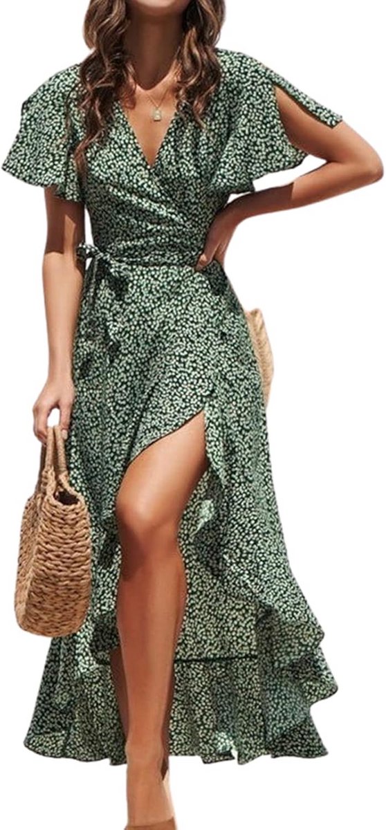 Dames Zomer Maxi Wikkeljurk met Splitten en Volantmouwen