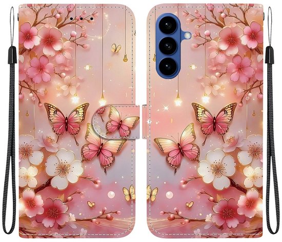 Étui de téléphone rose avec fleurs de cerisier en fleurs et papillons, avec dragonne et découpe pour appareil photo.