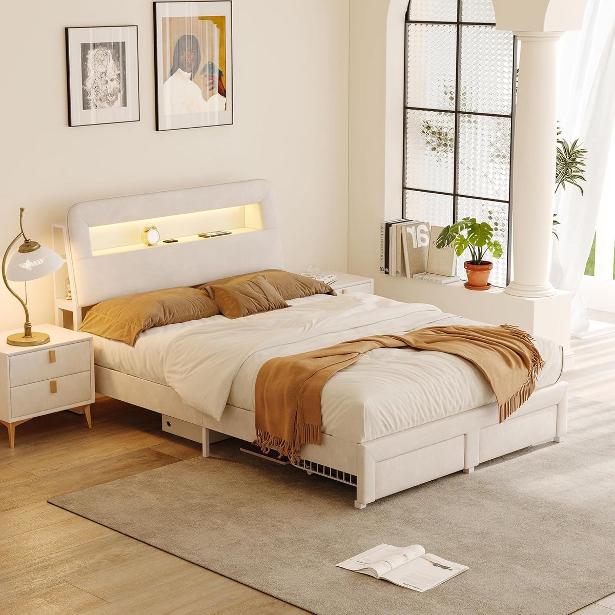 Tweepersoons Gestoffeerd Bed 140x200 met Laden, LED Verlichting en USB-oplaadpunten