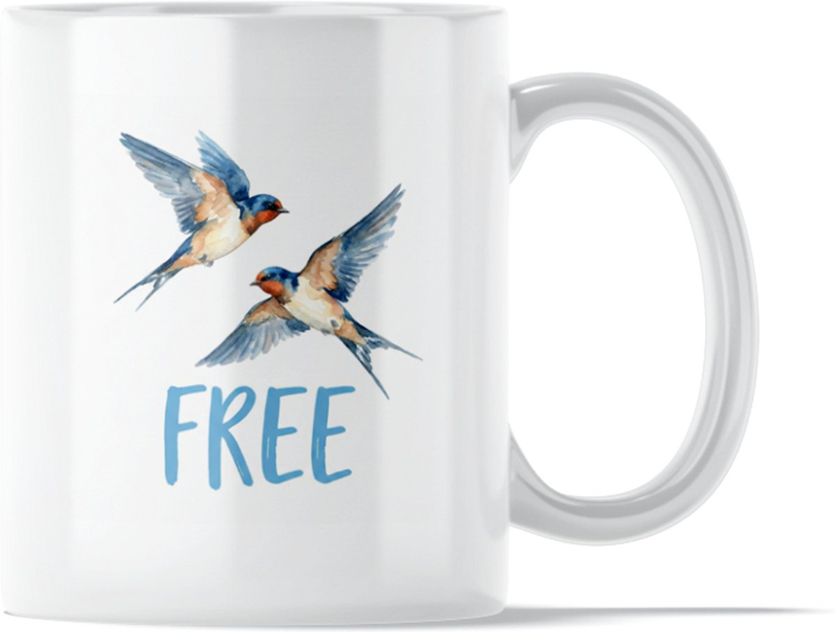 "Aquarel Series" Mok: Free Swallows - Luchtige Waterverf Mok met Vliegende Zwaluwen - Positieve Aanmoediging om Zorgen Los te Laten en te Genieten van het Leven - Dieren Symbool voor Vrijheid & Natuur - Vogels ValentijnsCadeau voor Haar: Vriendin