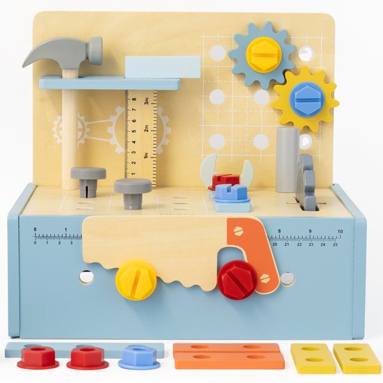 Houten gereedschapskist en bouwset – opklapbaar – 52-delig – FSC