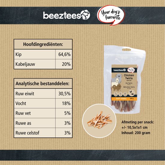 Informatie over Beeztees Kip Twirls met Vis: hoofdingrediënten, analytische bestanddelen en afmeting per snack. Zak 200 gram.