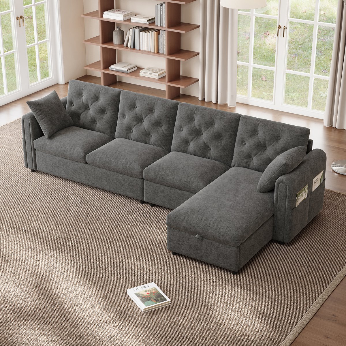 STILVORA Hoekbank 281x132 cm – Slaapbank Met Opbergruimte – Omkeerbare L-Opstelling – Armleuningvakken – Fluwelen Stof – Zonder Matras – Grijs