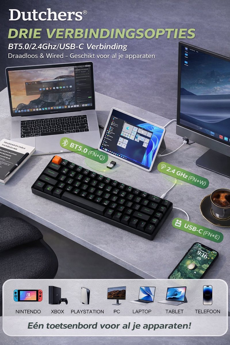 Dutchers.® Gaming Keyboard 60% - Mechanisch Toetsenbord - Draadloos & Bedraad - 60 Procent - 2,4 GHz/Type-C/BT5.0 - Usb/Bluetooth - QWERTY - Compact – Bluetooth / 2.4G / USB-C – 2000mAh Accu – Zwart thumbnail 4