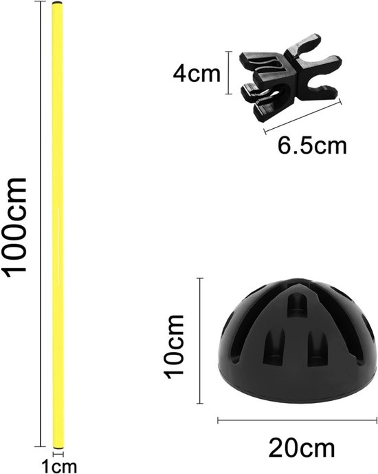 Gele stok van 100cm, zwarte basis van 20cm x 10cm, en zwarte clips van 6.5cm x 4cm.
