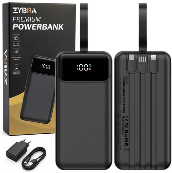 Zybra® Powerbank 30000 mAh Snellader met Ingebouwde Kabels - Zybra® - €26,00
