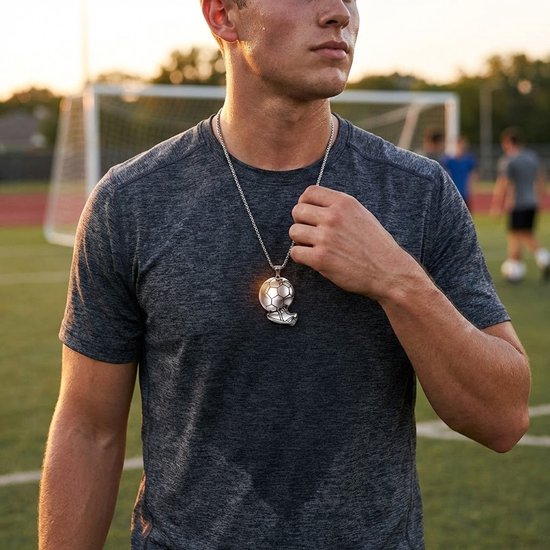 Man met een grijze sportshirt draagt een zilverkleurige voetbal- en schoenhanger aan een schakelketting.