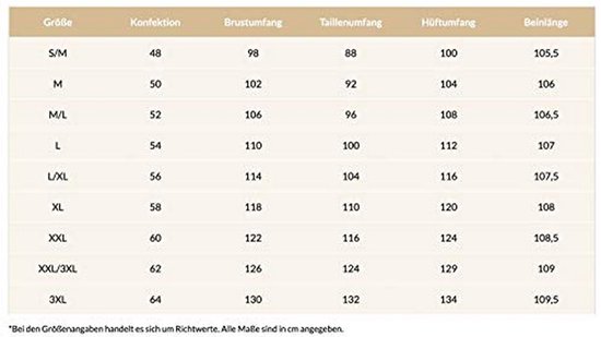 Maattabel met kolommen voor maat, confectiemaat, borstomvang, tailleomvang, heupomvang en beenlengte in centimeters.