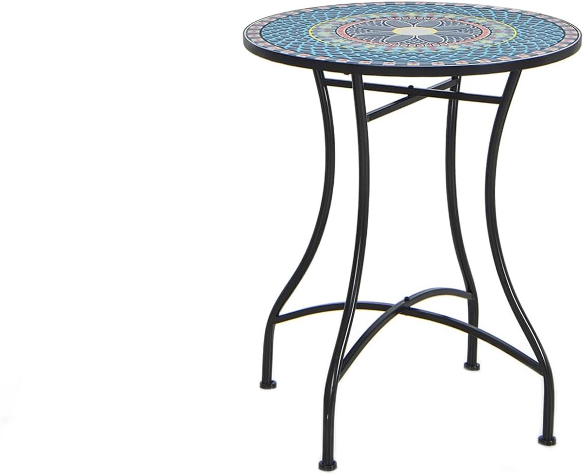 KOMFOTTEU Bijzettafel met mozaïekplaat van keramische tegels, bistrotafel met gebogen metalen poten, capaciteit 50 kg, ronde salontafel voor woonkamer, terras, terras