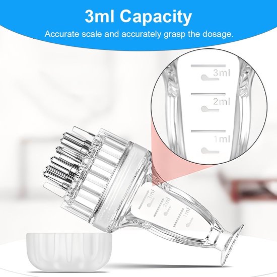Transparante vloeistofapplicator met schaalverdeling (1-3ml) en 7 rollers, met een wit kommetje. Tekst: '3ml Capacity'.