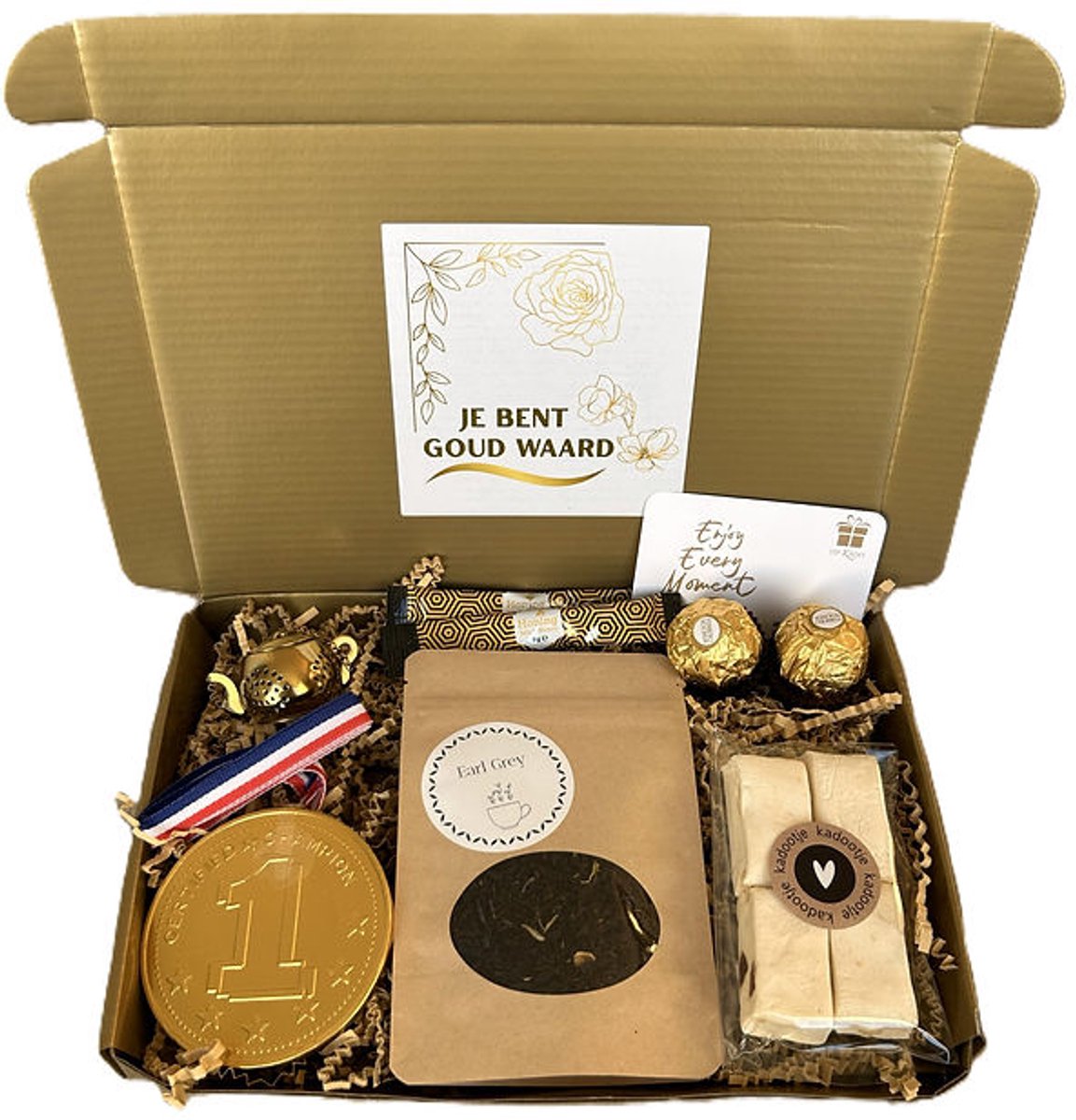 Goud waard thee brievenbus cadeau - nougat - chocolade - thee zeefje - honing - valentijn