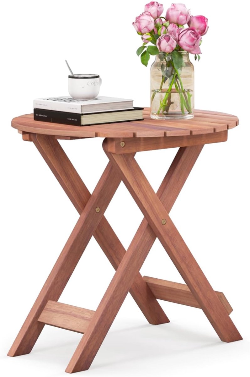 KOMFOTTEU Opvouwbare salontafel, zijtafel van acaciahout, binnen en buiten, X-vormige structuur, eindtafel, voor tuin, balkon, terras (rond, φ46 x 45 cm (H))
