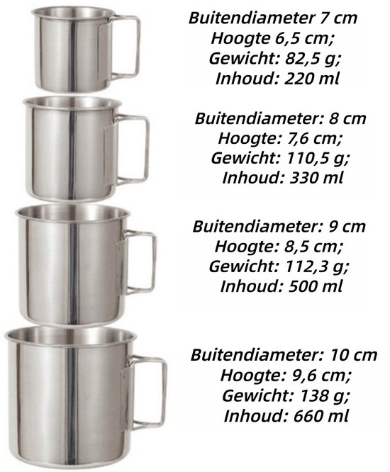 1 set(4 stuks) - Campingservies - 304 RVS Camping Mok - Temperatuurvaste Drinkbeker voor Koffie & Thee - Geschikt voor Kampvuur, Inductie en Reis - Zilver — afbeelding 2
