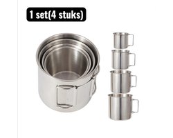 1 set(4 stuks) - Campingservies - 304 RVS Camping Mok - Temperatuurvaste Drinkbeker voor Koffie & Thee - Geschikt voor Kampvuur, Inductie en Reis - Zilver