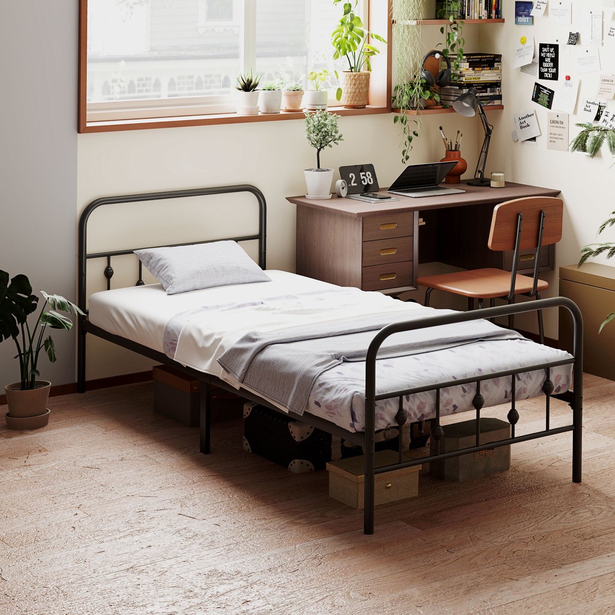 MODFU - Bedframe 90x200 cm – Zwart metaal met 32 cm opbergruimte – Minimalistisch