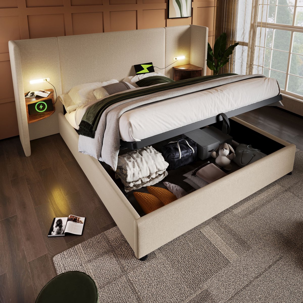 MODFU Bedframe 180x200 cm – Beige linnen met leeslamp & 4 laadpoorten – Hydraulisch
