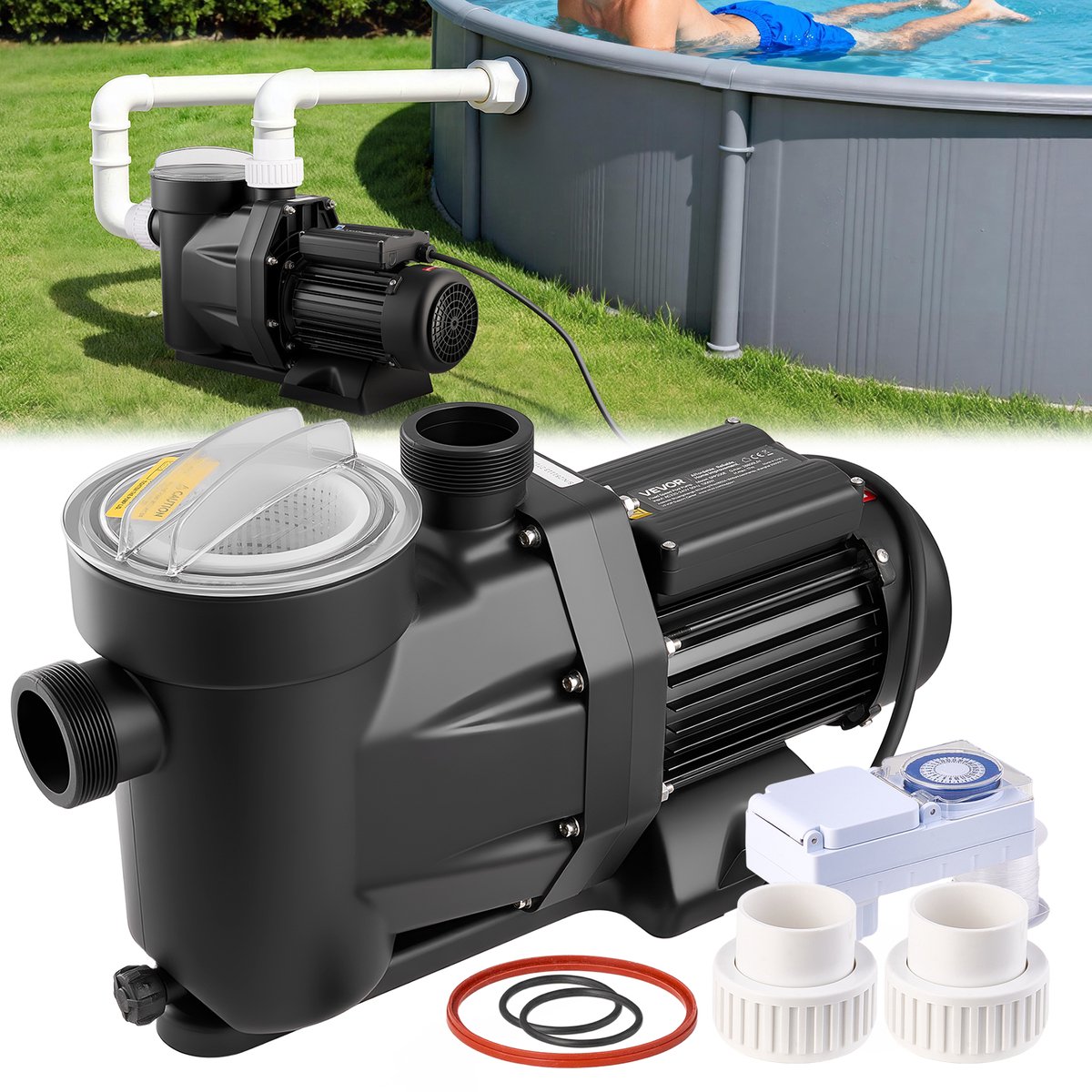 VEVOR Zwembadpomp, 1300 W, Max. Debiet 28.800 L/U, Eentraps Zwembadpomp, 2850 TPM, Max. Opvoerhoogte 17 M, met 24-Uurs Timer en Filtermand, voor Bovengrondse en Ingegraven Zwembaden en Spa’s