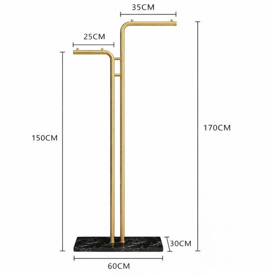 Afmetingen van gouden kapstok met marmeren voet: 170cm hoog, 60cm breed, 30cm diep.