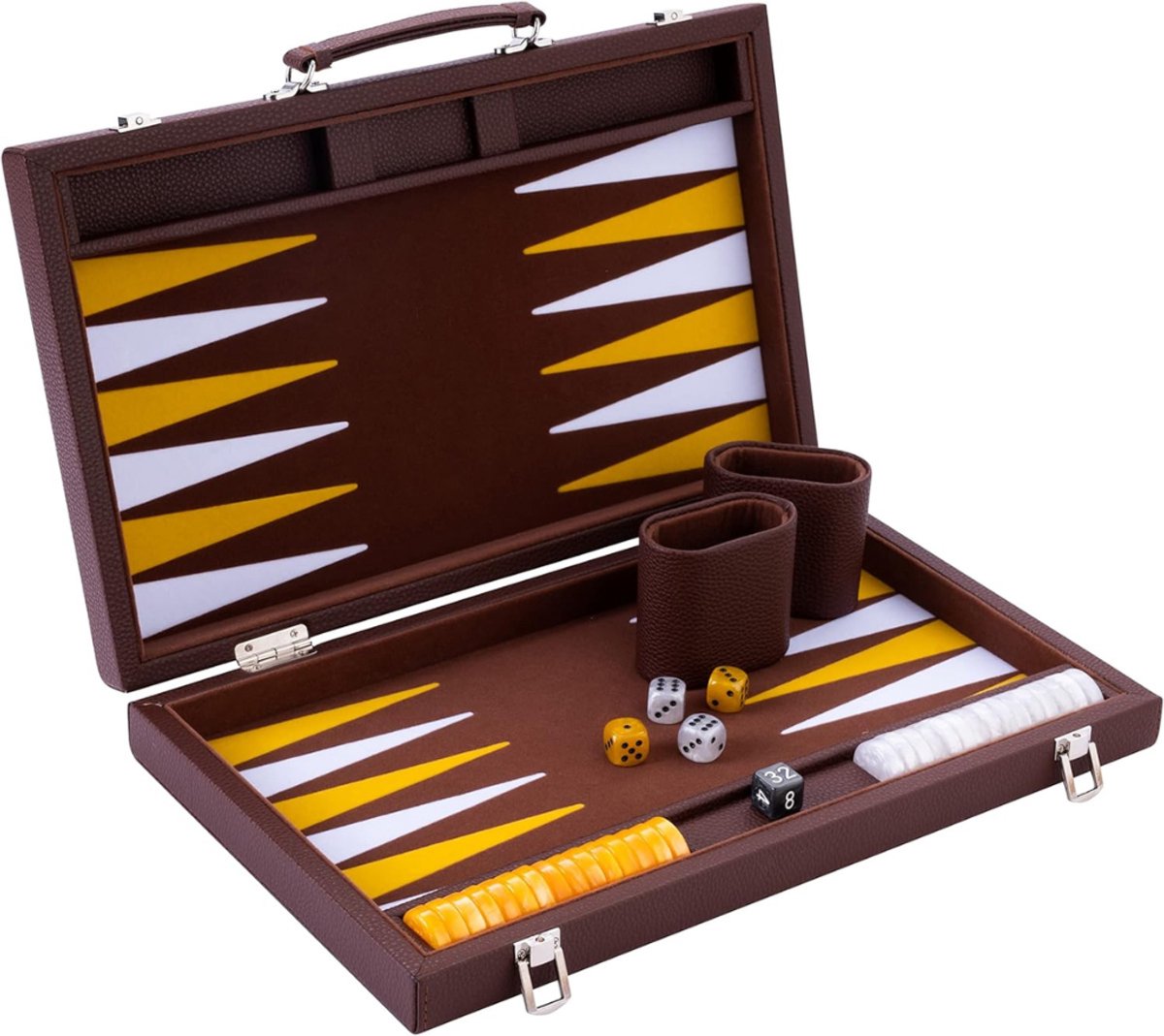 Aura® Backgammon Koffer – Luxe Backgammon Set – Lederen Bordspel – Bruin - ‎47cm x 38cm x 1cm