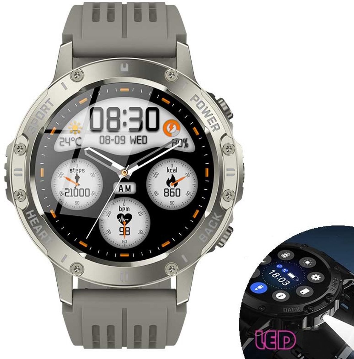 Knobbout 1.46”(3.7cm) Sportieve Smartwatch met LED Zaklamp – Bluetooth Bellen – HD Touchscreen (360×360) – 100+ Sportmodi – Hartslag, Bloeddruk & SpO₂ – IP68 Waterdicht – Muziekbediening – Android & iOS - Grijs