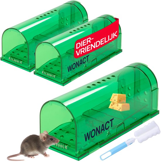 Wonact Muizenval - Diervriendelijke Muizenvallen Voor Binnen en Buiten - 3 stuks - Met Schoonmaakborstel - Model 2025 - Muizengif alternatief