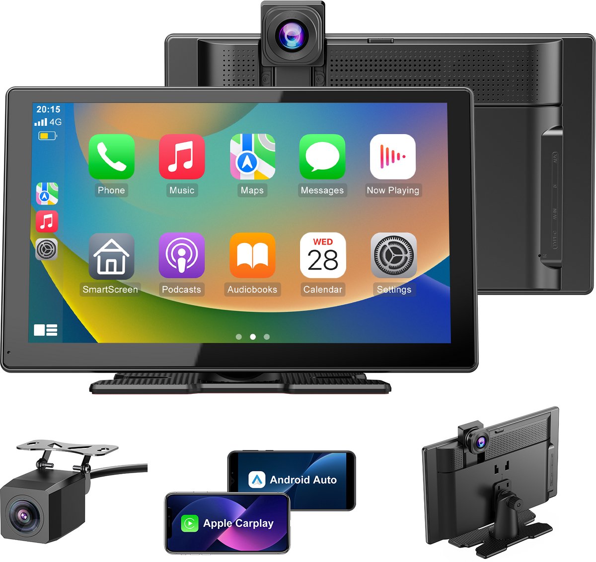 ESSGOO Smart HD Navigatiesysteem - 9 Inch Touchscreen - Draadloos Android Auto & Apple CarPlay - Inclusief 4K Front Dashcam - 1080p achteruitrijcamera - Uitschuifbare camera - Nieuw 2026