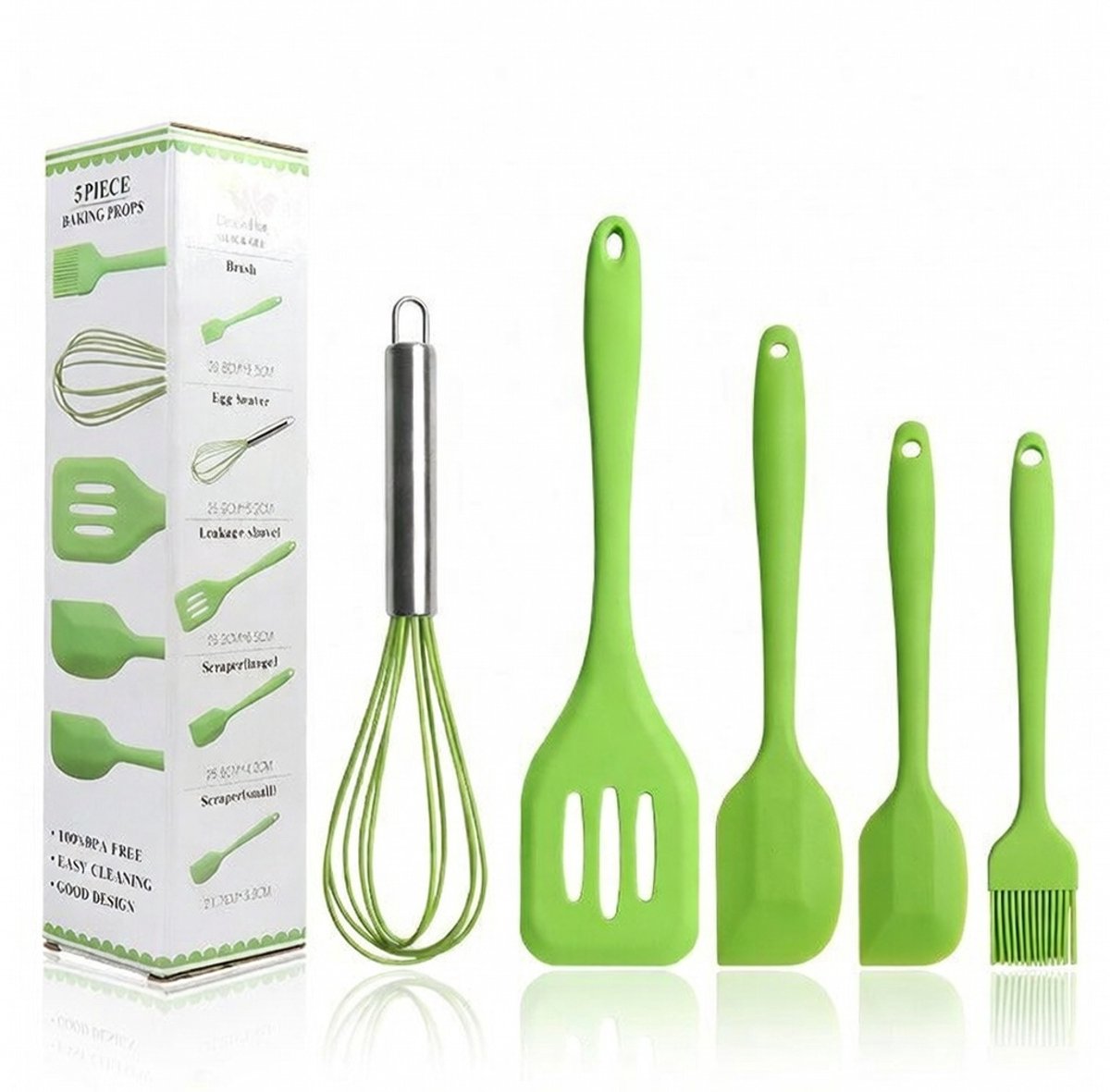 SIDANO® Siliconen keukengerei set -Set- Kookgerei set - Keukengerei - 5 Delig - Hittebestendig - Anti aanbaklaag - Vaatwasser bestendig - BPA vrij -Kleur groen
