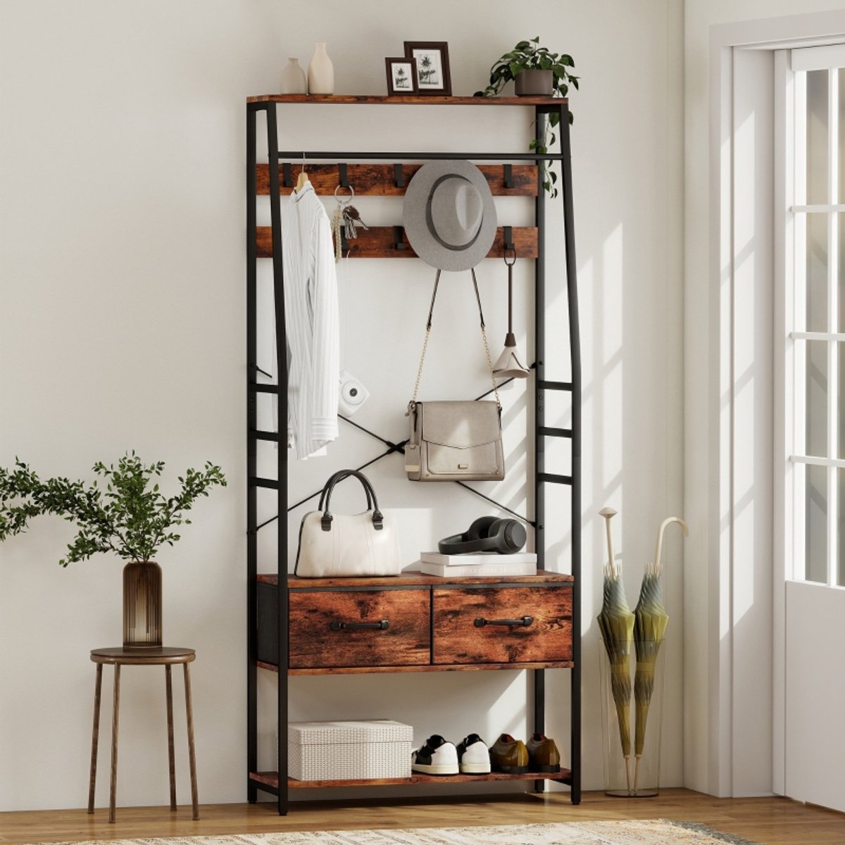 MODFU Kapstok met schoenenbank – 80x30x180 cm – Industrieel design van hout en metaal – 10 afneembare haken – All-in-1 opbergmeubel voor hal, slaapkamer & bijkeuken – Bruin/zwart Rustiek bruin