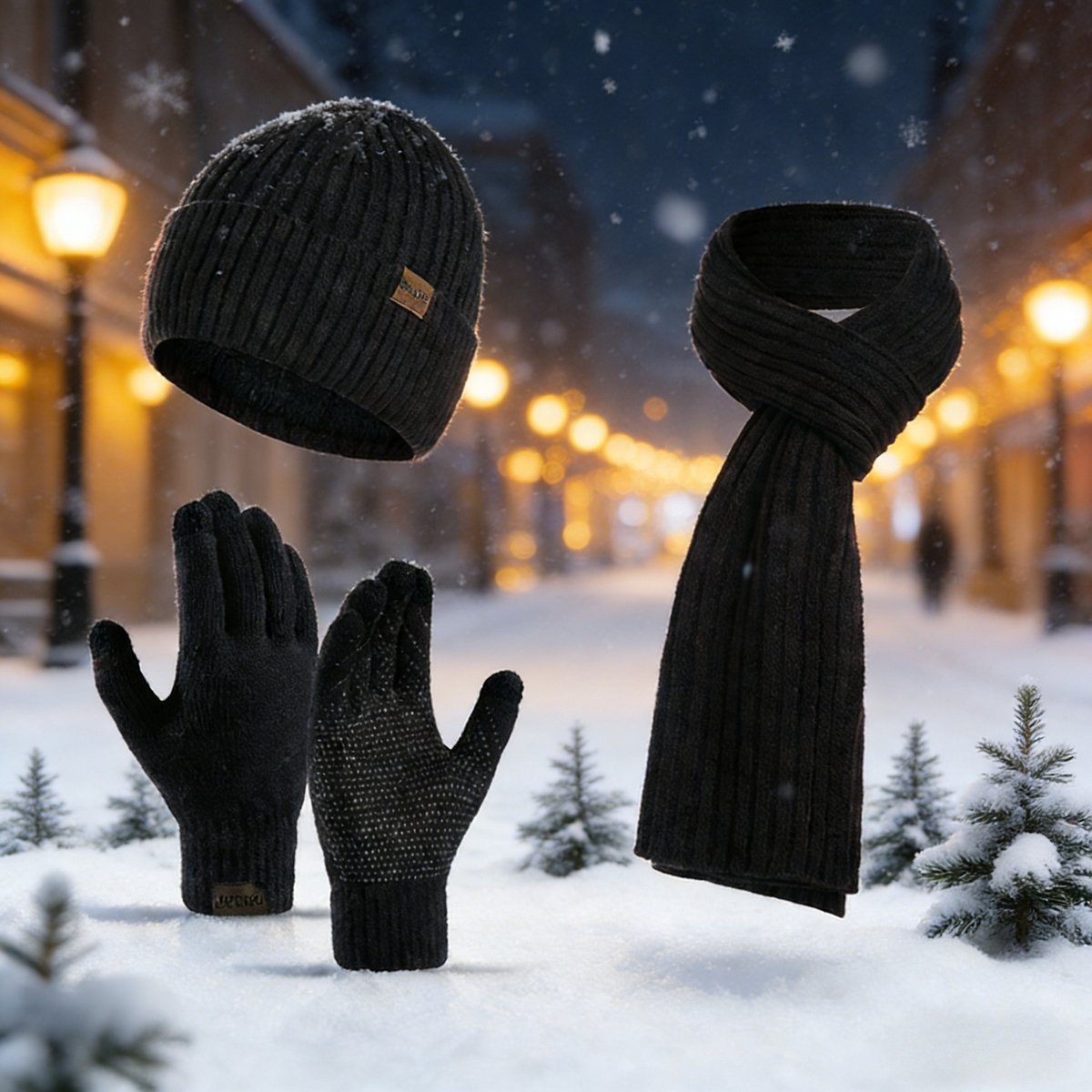 Zwarte Gebreide Thermische Driedelige Set | Muts, Sjaal, Touchscreenhandschoenen Warm En Comfortabel, Unisex, One Size Fits All Winteroutfit Voor Buitenactiviteiten Bij Koud Weer