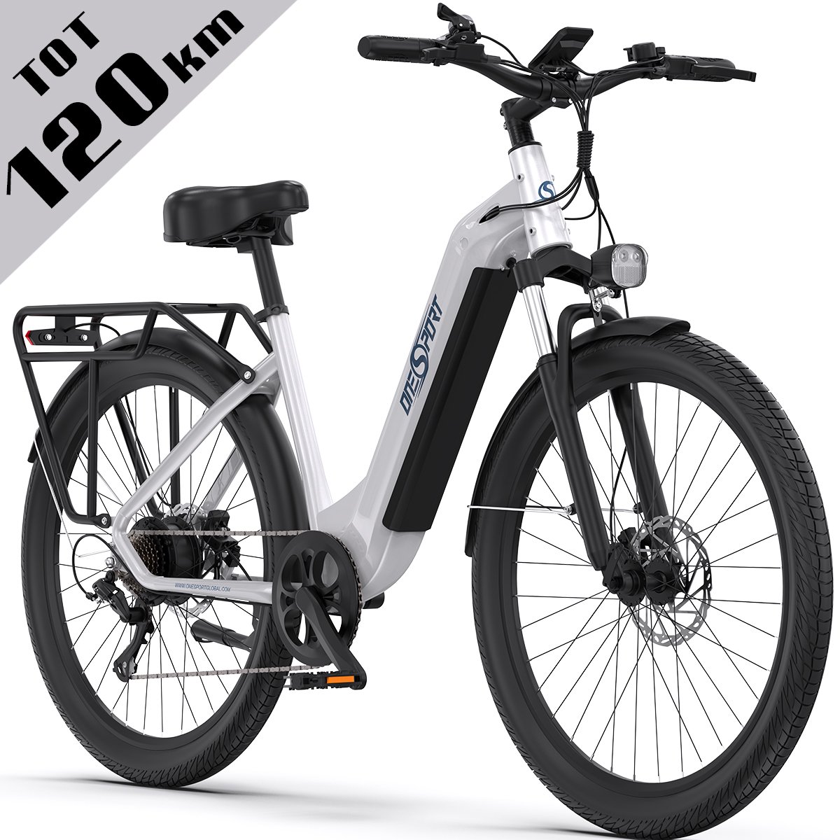 Elektrische Fiets ONESPORT OT05 - 120 km Actieradius - 36V 18.2Ah/655Wh Accu - 27.5 Inch Wielen - Shimano 7 Versnellingen - Hydraulische Schijfremmen - Aluminium Frame - LED Display & APP - Elektrische Stadsfiets -Wit