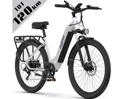 Onesprot 27.5 Inch Elektrische Fiets Stadsfiets - 120 km Actieradius - 655Wh Accu -Hydraulische Schijfremmen- Shimano 7 Versnellingen - Aluminium Frame - LED Display & APP - Lage instap e‑fiets - Wit