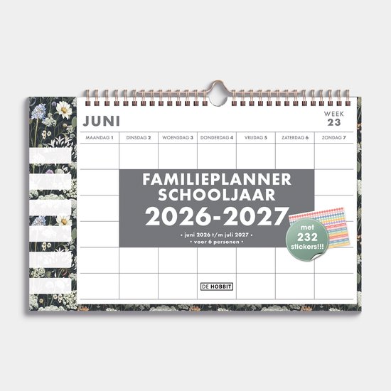 Hobbit - Familieplanner 2026-2027 - Familiekalender - Weekkalender - Omslag - 1 week op 1 pagina - (22 x 34cm) - 6 personen - Weidebloemen
