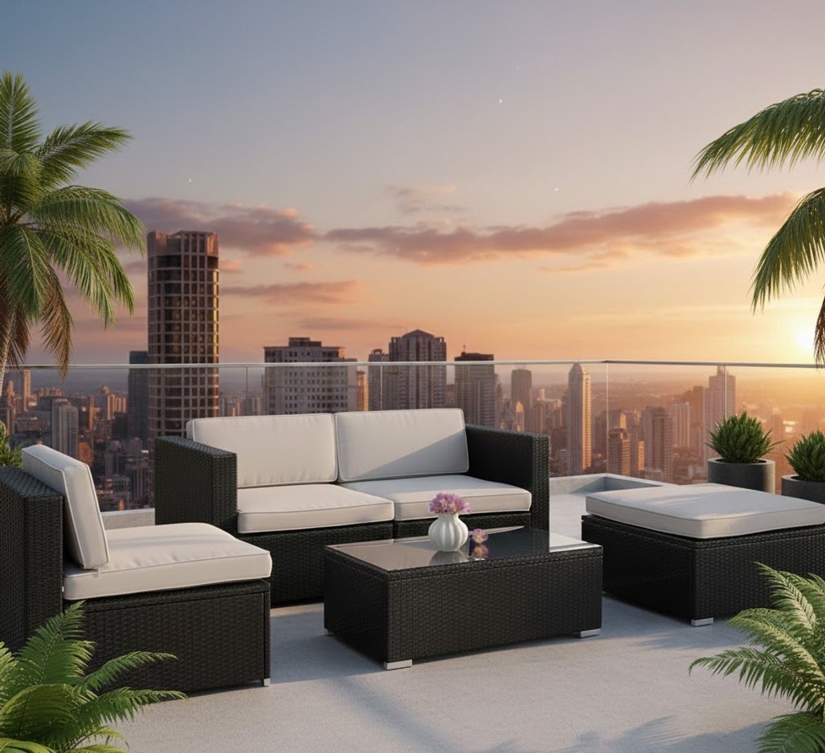 Luxe 7-Delige Tuin Loungeset met Kussens – Modulaire Buitenbank en Rechthoekige Eettafel – UV-Bestendig Poly Riet – Comfortabel en Duurzaam – Perfect voor Tuin, Balkon en Terras – Zwart en Crème House&Garden