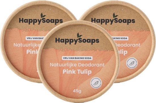 Drie HappySoaps Natuurlijke Deodorant Pink Tulip in ronde kartonnen verpakkingen.