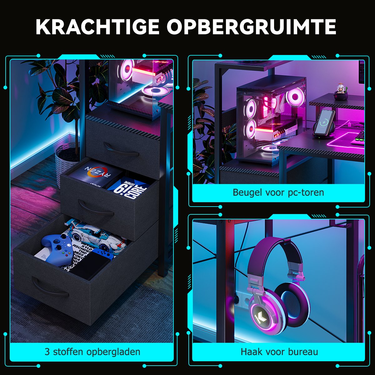 Gaming Bureau met LED Verlichting - 150L x 115H x50B cm - Hoekbureau met Stopcontact - 3 Non Woven Lade - Gaming Desk - Computer Tafel - Gaming Tafel - met Opbergplanken & IJzeren Haak - Zwart - Bureau voor Gamen, Studeren en Werken thumbnail 6