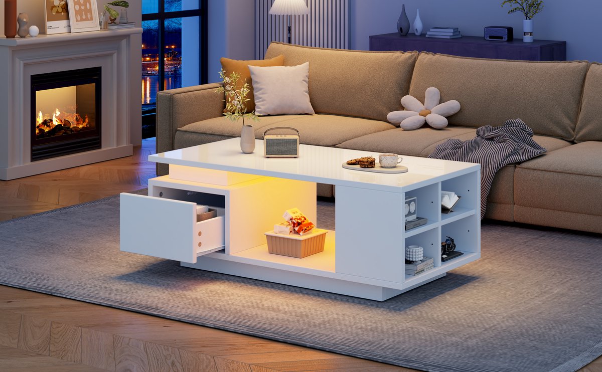 REDOM Salontafel 100x50x36 cm van spaanplaat, met lade en LED-verlichting