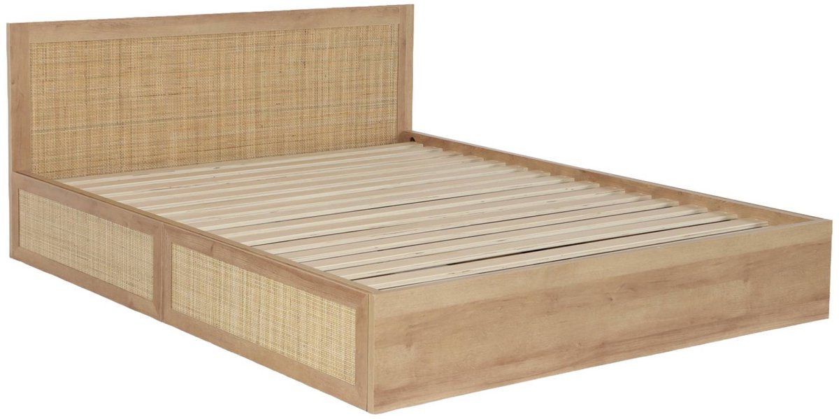 sweeek Bed met lattenbodem en hoofdbord 160x200cm + 4 lades van houtdecor en rotan - bohème Naturel